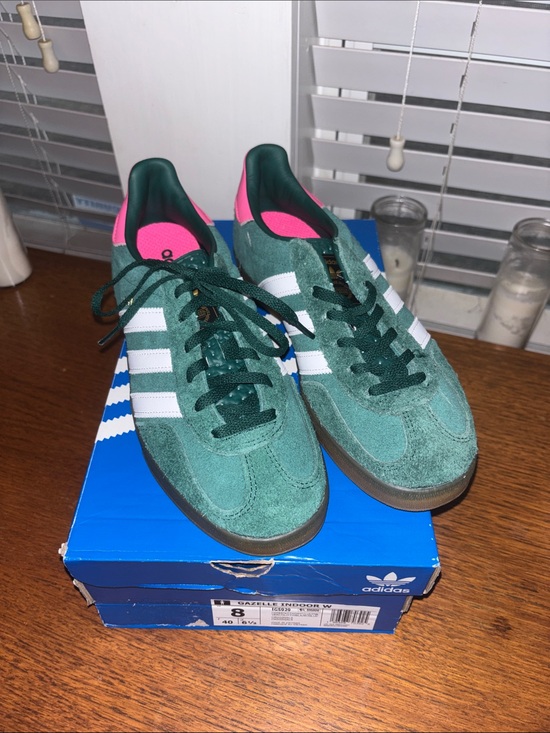 adidas Shoes - adidas Green Suede Gazelle Indoor Sneakers with White Stripes and Pink Lining